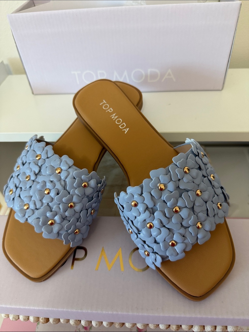 TOP Moda Light Blue Floral Appliqué Slide Sandals